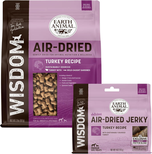 Earth Animal Wisdom Air Dried Dog Food & Jerky Bundle – Turkey Recipe, Premium Natural Dog Food & Treats for All Breeds & Ages - Includes 2 lb Bag + 4 oz Jerky Strips - Made in The USA