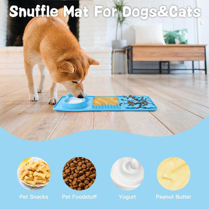 LONGFITE Large Dog Feeding Licking Snuffle Mat Silicone Slower Feeder Lick Mats Multi Use for Dry&Wet Food and Water with Brush and Spatula (Blue)