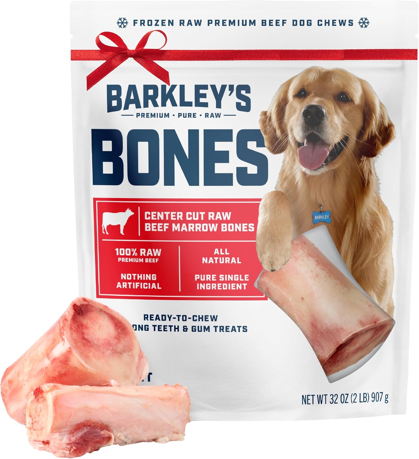 Barkley's Bag Beef Marrow Bones, Frozen Dog Treats, Single Ingredient Center Cut Beef Bone, Raw Natural Chew for Dogs, Keep Frozen, Pure Bold Taste, 4 Count Bag