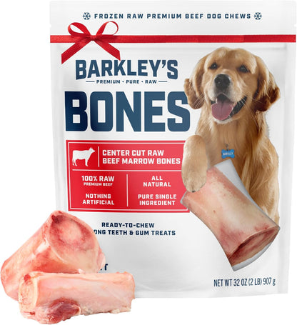 Barkley's Bag Beef Marrow Bones, Frozen Dog Treats, Single Ingredient Center Cut Beef Bone, Raw Natural Chew for Dogs, Keep Frozen, Pure Bold Taste, 4 Count Bag