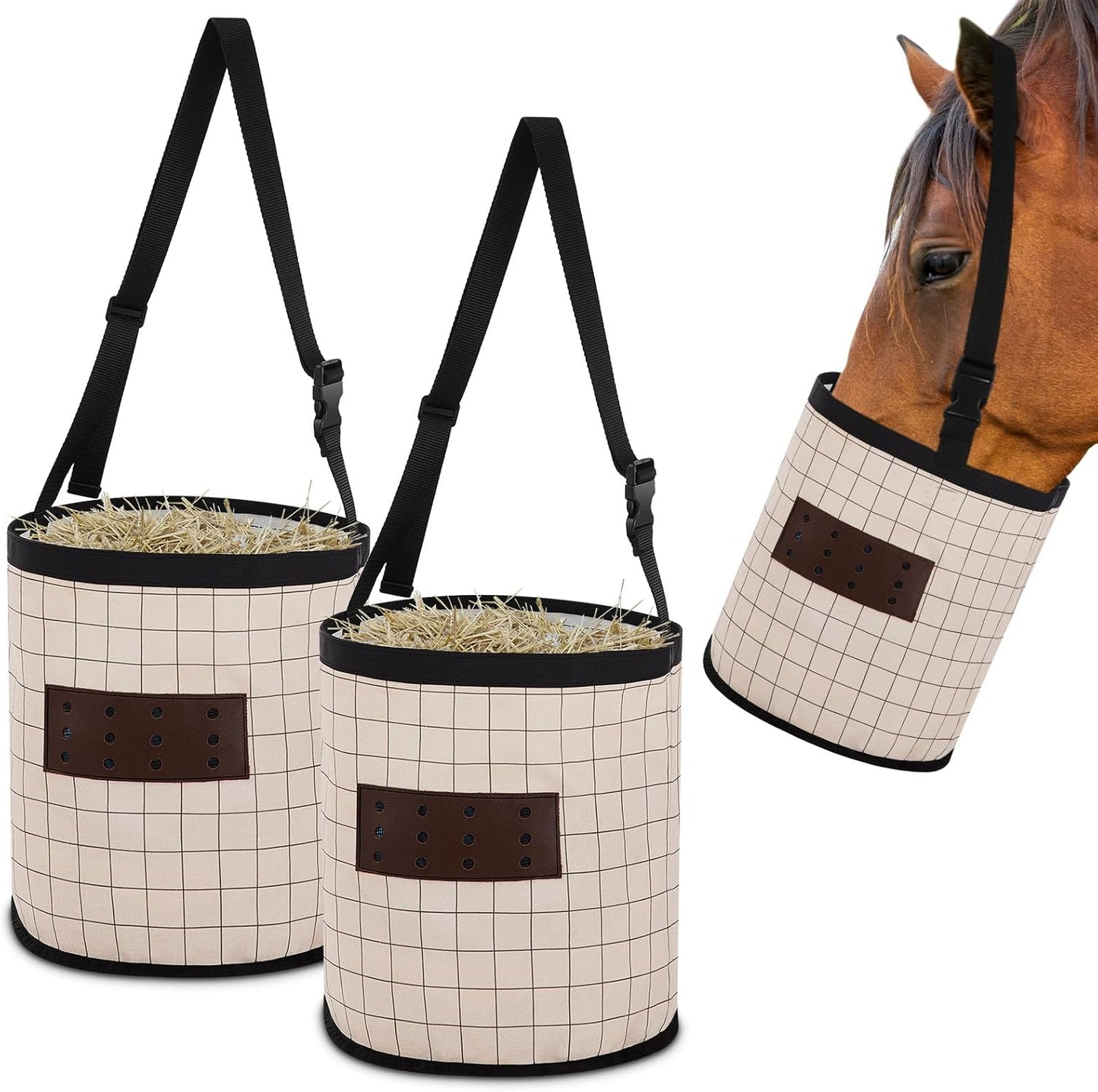2 Pack Horse Feed Bags 13 Inch in Depth Vented Leather Canvas Horse Food Bucket with Adjustable Strap Waterproof Hay Feeding Supplies, Safety and No-Spill Flap Design