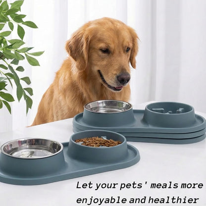 Slow Feeder Dog Bowls 2-in-1 Non-Spill - Anti-Slip Puzzle Feeder Dog Bowl with Stainless Steel Water Bowl, Dual Pet Food & Water Bowl Set for Bloat Prevention for Puppies Cat & Large Dogs