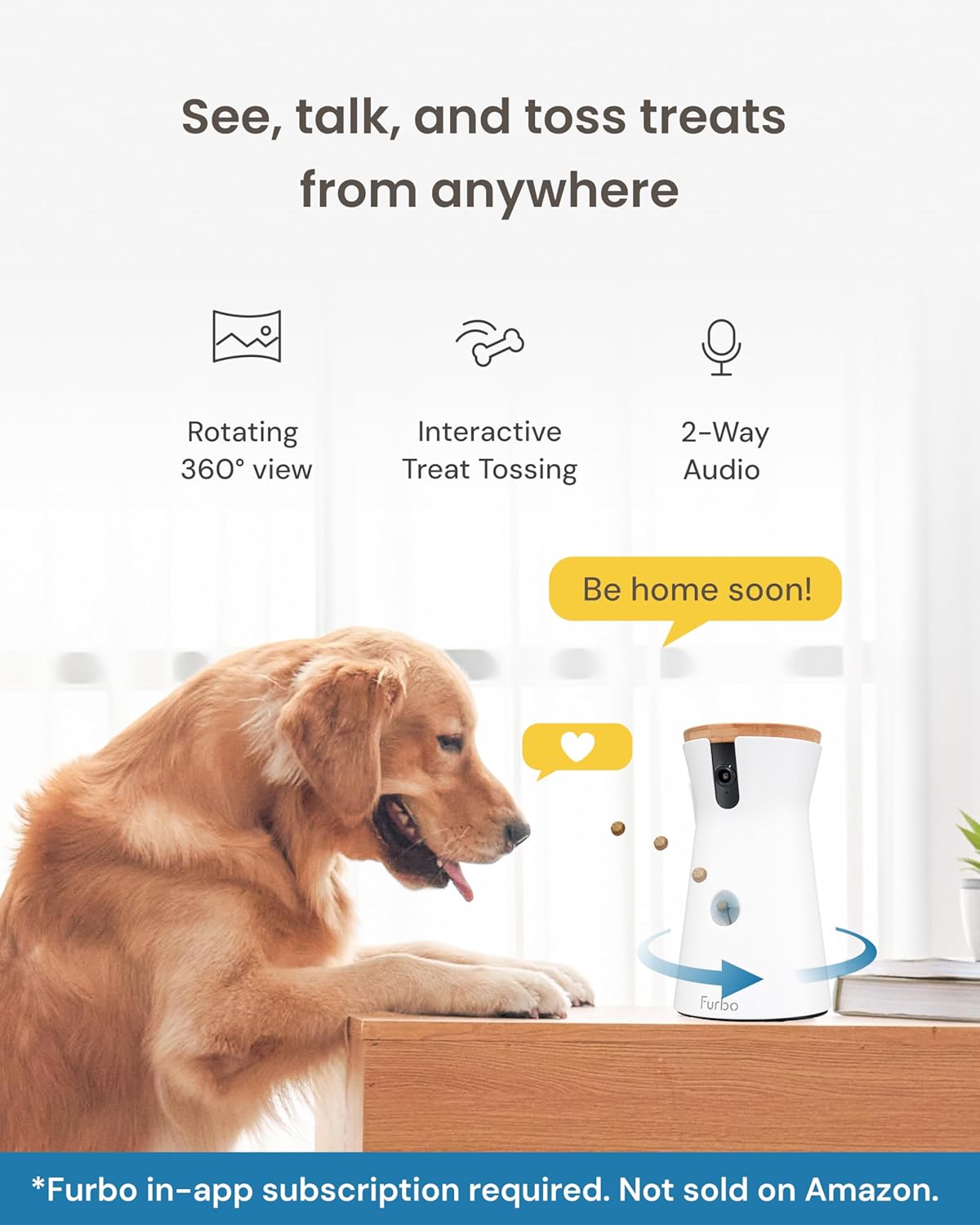 Furbo 360° Dog Camera [Subscription Required] Unlock w/Paid Plan: Home Security & Dog Safety Alerts, Rotating Pet Treat Toss w/ 2-Way Speaker, Smart Cam w/Phone App (Low Risk, 3mo Min. Cancel Anytime)