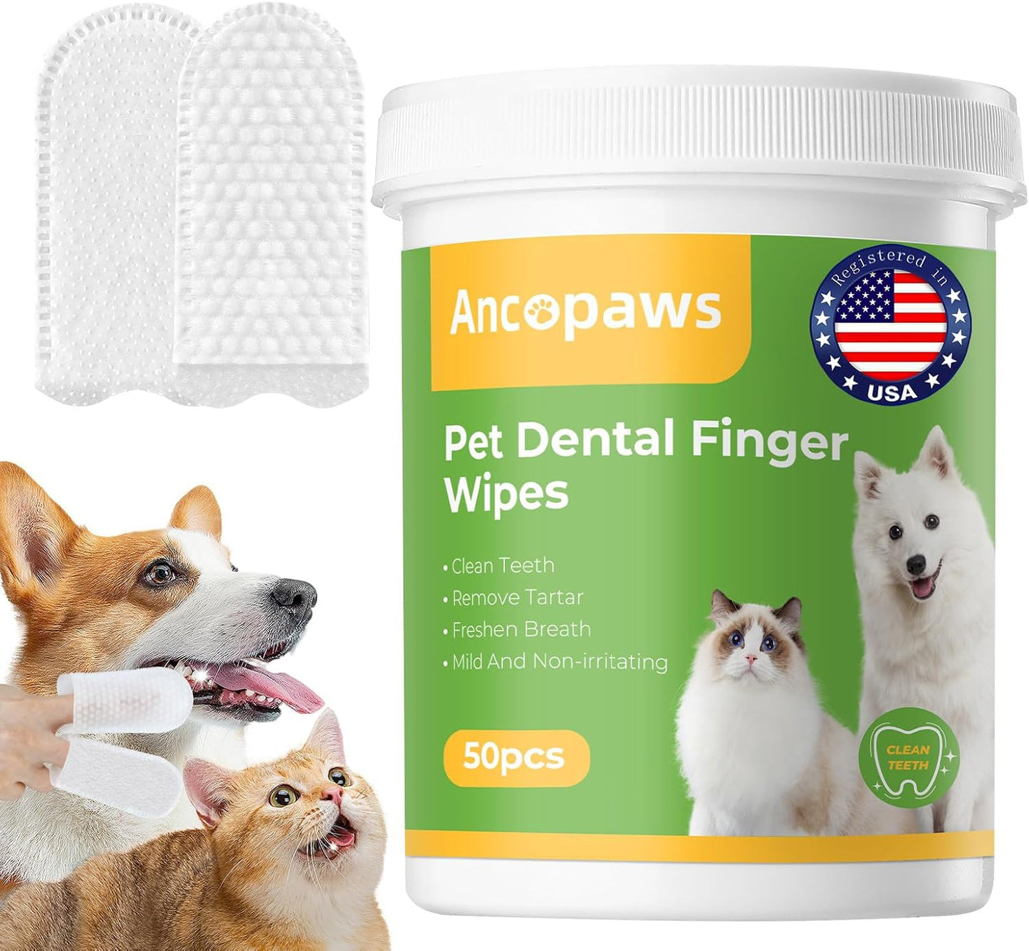 Teeth Cleaning for Dogs & Cats - Dental Care Finger Wipes to Remove Bad Breath - Dog Tooth Brushing Kit - Cat Toothbrush Plaque and Tartar Remover - 50 Count