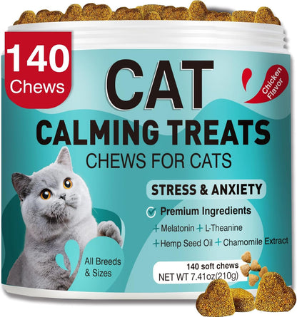 Cat Calming Treats, 140 Soft Chews to Relieve Anxiety, Stress & Prevent Bites, Perfect for Travel & Veterinary Visits, Soothing Calming Care for Indoor Cats Chicken Flavor 7.41 OZ