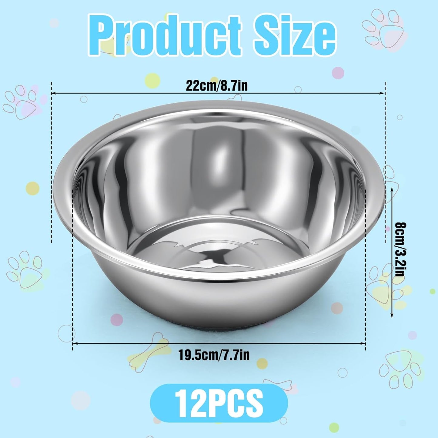 SHENLIU 12 Pcs Stainless Steel Dog and Cat Bowl, 8" Metal Food and Water Dish, Basic Pet Feed Bowl for Large Medium Small Dog, 47 OZ Replacement Bowls for Elevated Stand Kitten Puppy, Dishwasher Safe