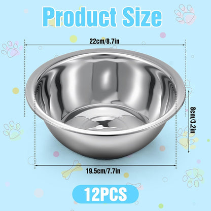 SHENLIU 12 Pcs Stainless Steel Dog and Cat Bowl, 8" Metal Food and Water Dish, Basic Pet Feed Bowl for Large Medium Small Dog, 47 OZ Replacement Bowls for Elevated Stand Kitten Puppy, Dishwasher Safe