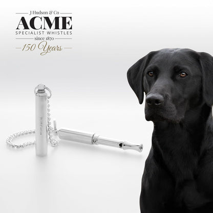 ACME original 'silent' dog training whistle no. 535. Adjustable frequency. Instruction leaflet included. Made in the UK. Good sound quality. Weather-proof. Solid brass with nickel plated finish