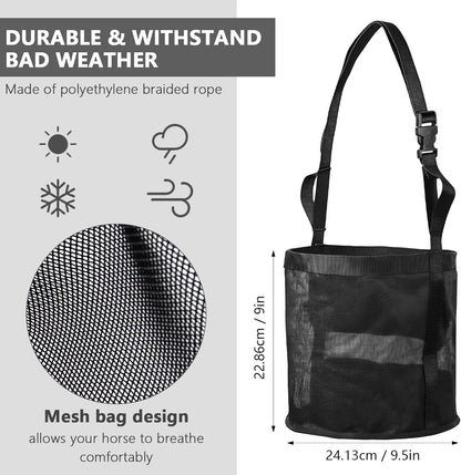 2 Pcs Horse Feed Bag Comfort Breathable Mesh Feed Bucket Heavy Duty Feed Bag with Adjustable Strap and Waterproof Bottom for Horse Feeding Supplies Muzzle Feed Bag, Medium (Black)