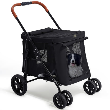 Scout Pet Stroller, 4-Wheel Design for Small/Medium Dogs - One-Button Fold, Adjustable Mesh Windows & Shades, 360° Swivel Front Wheels, Rear Wheel Brake for Safety, Black