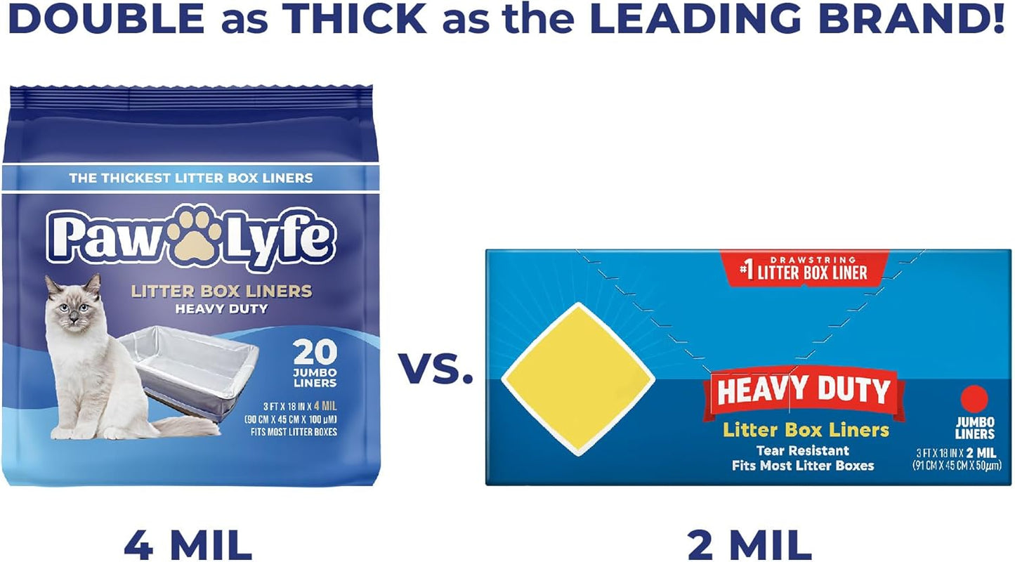 PawLyfe Jumbo Cat Litter Box Liners - 4MIL Extra Thick Heavy Duty Drawstring Kitty Litter Bags - Scratch and Tear-Resistant XL Cat Pan Liners for Easy Litterbox Cleanup - 36" x 18" - Box of 20 Liners