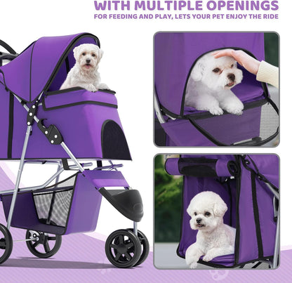Magshion 3-Wheel Pet Stroller, Foldable Travel Jogger for Small & Medium Dogs & Cats (Up to 33lbs), Lightweight Carrier with Breathable Mesh Cover, Cup Holder & Storage Basket, Purple