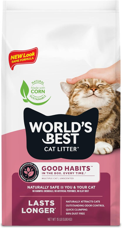 WORLD'S BEST CAT LITTER Good Habits Cat Attract Litter | Natural Plant-Based Attractant | Multicat Flushable Corn Litter | Unscented Odor Control | Low Tracking & Lightweight | Made in USA 15lb Bag