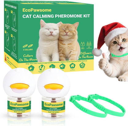 6 in 1 Cat Calming Pheromone Kit, 2 Pack Cat Calming Diffuser for Indoors Stress, 2 Pack Calming Collar for Cats to Comfort Anywhere, Dual-Action Calming to Reduce Anxiety,Scratching(120 Days Green