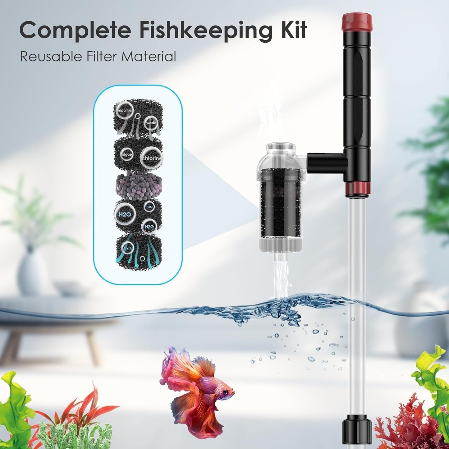 AKKEE Aquarium Vacuum Gravel Cleaner, 36W Electric Fish Tank Cleaner Vacuum, 8 in 1 Multifunctional Aquarium Cleaner for Automatic Water Change, Wash Sand, Water Circulation and Timed Off