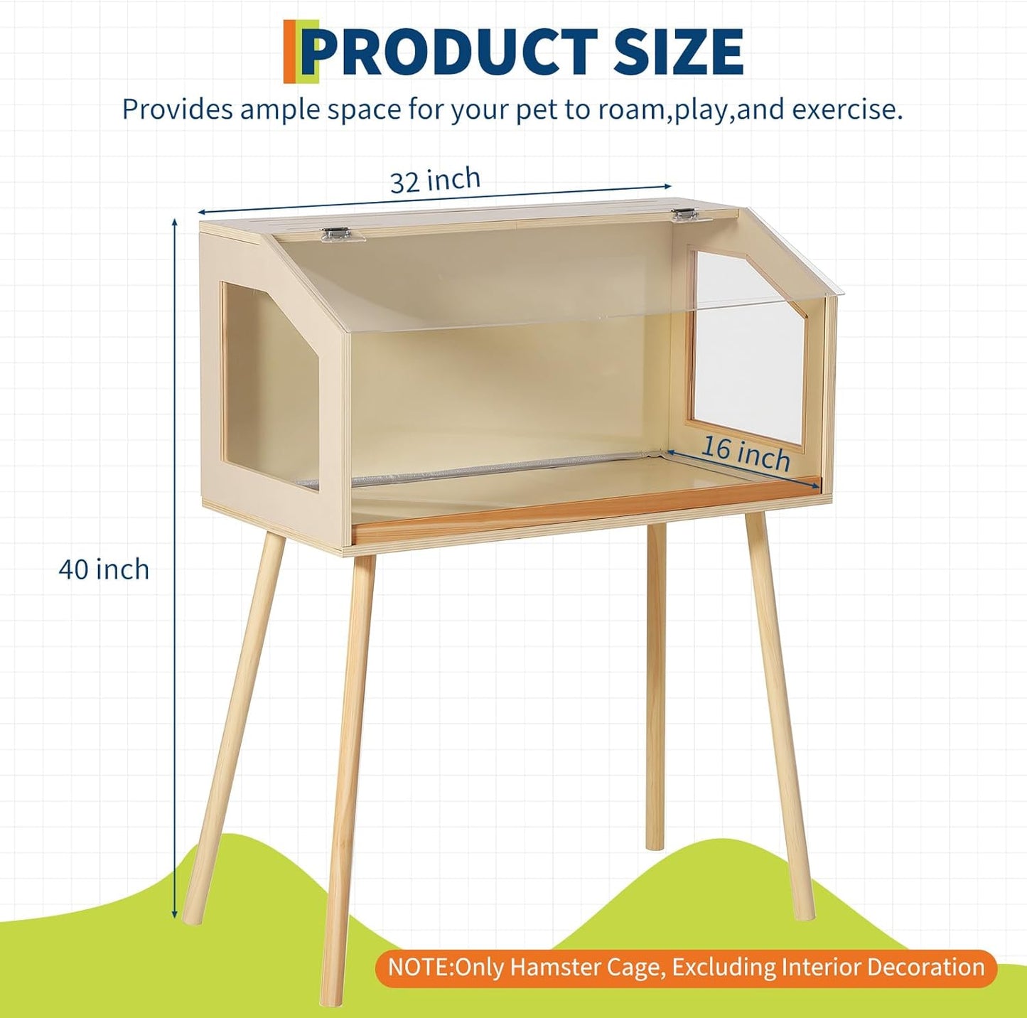 Chew-Proof Acrylic Window & Openable Top - Wooden Hamster Cage with Legs - Spacious Small Animal Habitat for Dwarf Syrian Hamsters, Gerbils, Rats, Guinea Pigs, Chinchillas - Size: 81.28×40.64×101.60cm