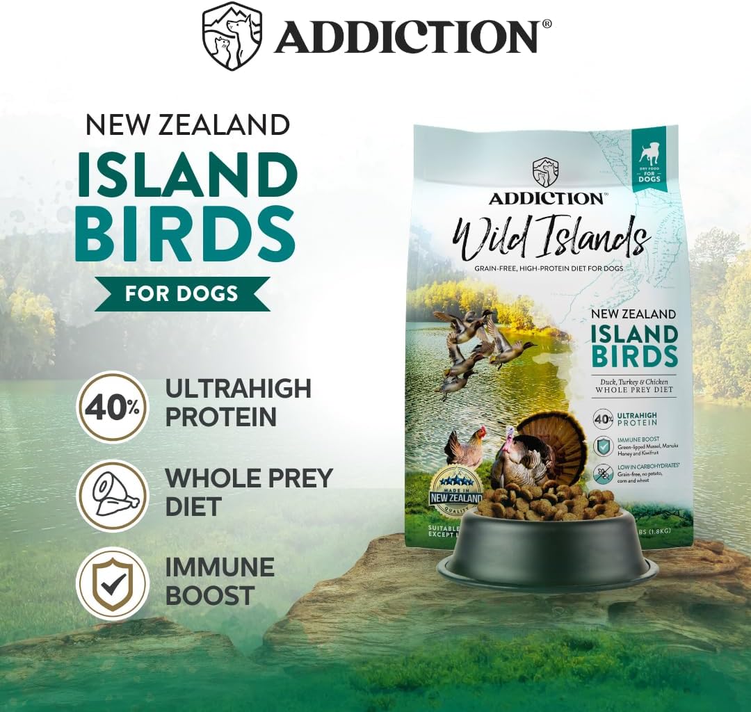 Addiction Wild Islands Island Birds - New Zealand Duck, Turkey, & Chicken - Whole Prety Diet with Organ Meats - High-Protein - Grain-Free Dry Dog Food for All Life Stages - 20lbs