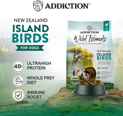 Addiction Wild Islands Island Birds - New Zealand Duck, Turkey, & Chicken - Whole Prety Diet with Organ Meats - High-Protein - Grain-Free Dry Dog Food for All Life Stages - 20lbs