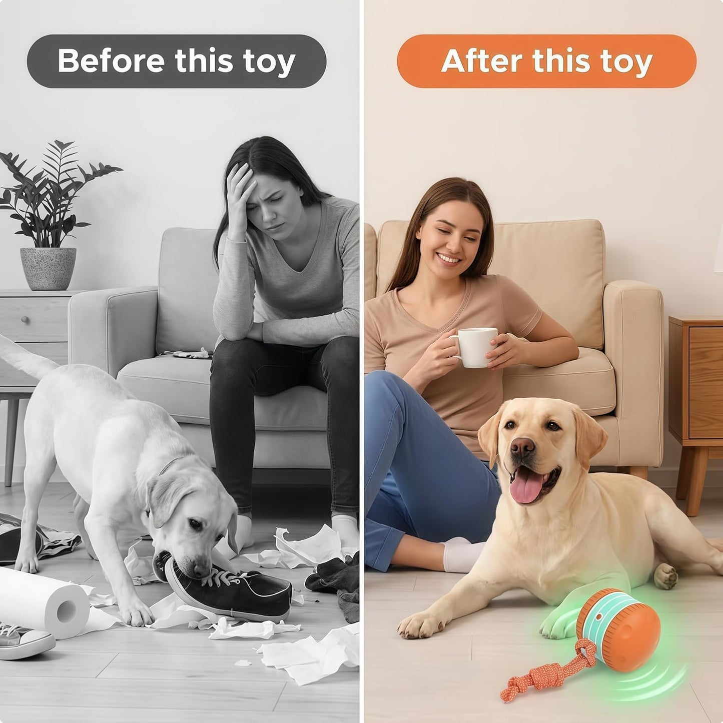 Interactive Dog Toy, Automatic Electric Rolling Ball with Rope, Random Movement, 2 Modes, Rechargeable, Interactive Dog Ball Toy for All Dog and Cat Size, Ideal for Boredom Relief (Orange)