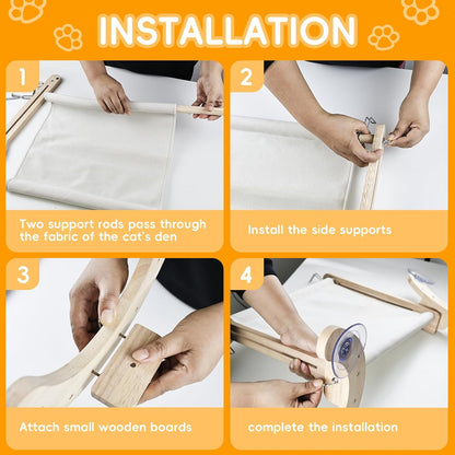 4-in-1, Wooden Cat Window Perch,cat Bed, Sturdy Oak Hammock,Suitable for Indoor Cats to Rest and Play. It can be Used as a Hammock, a Resting Area by The Window, a Cats Bed, a cat Rocking Toy