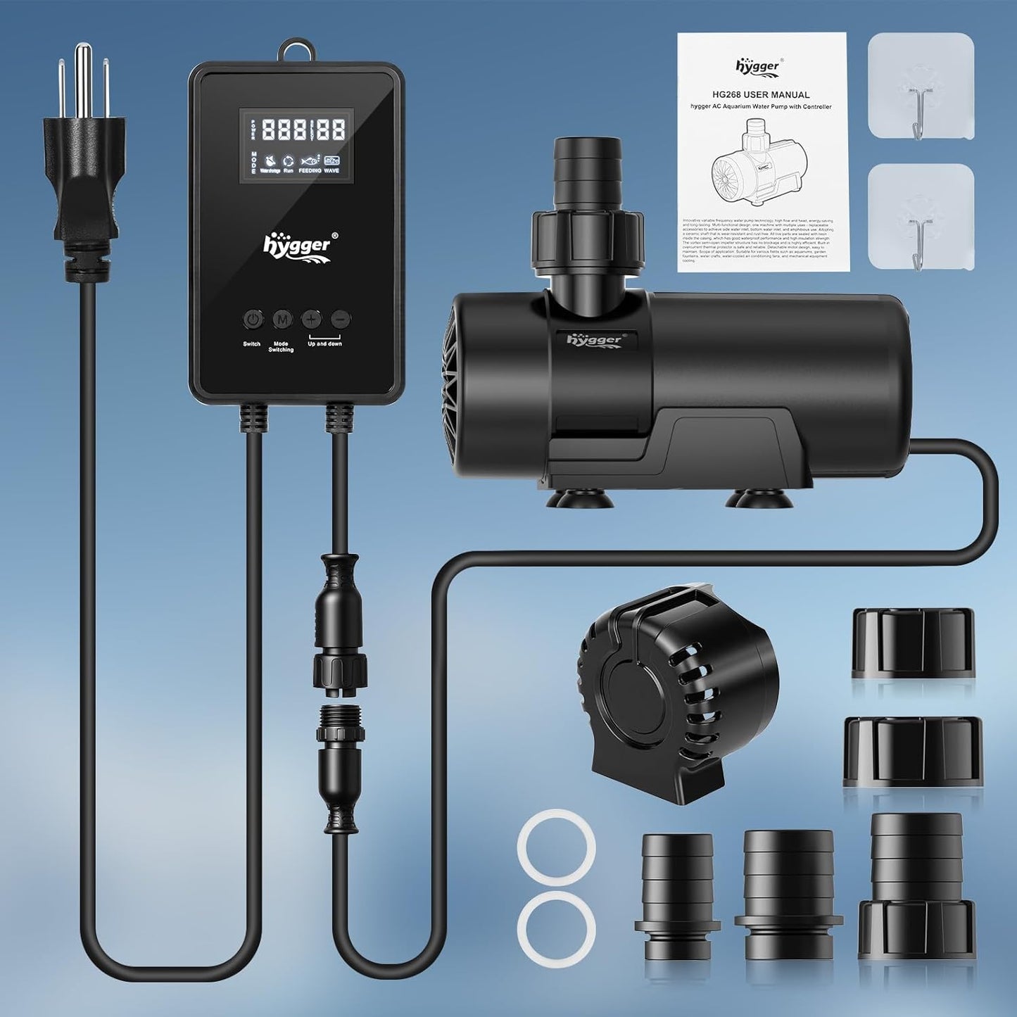 hygger 15W-100W Water Pump with Controller (Up to 3430GPH), Submersible/Inline Return Pump with Adjustable Mode/Flow, 2 Fountain Pump with 2 Inlet Cover and 3 Nozzles, for Fish Tank, Pond, Aquarium