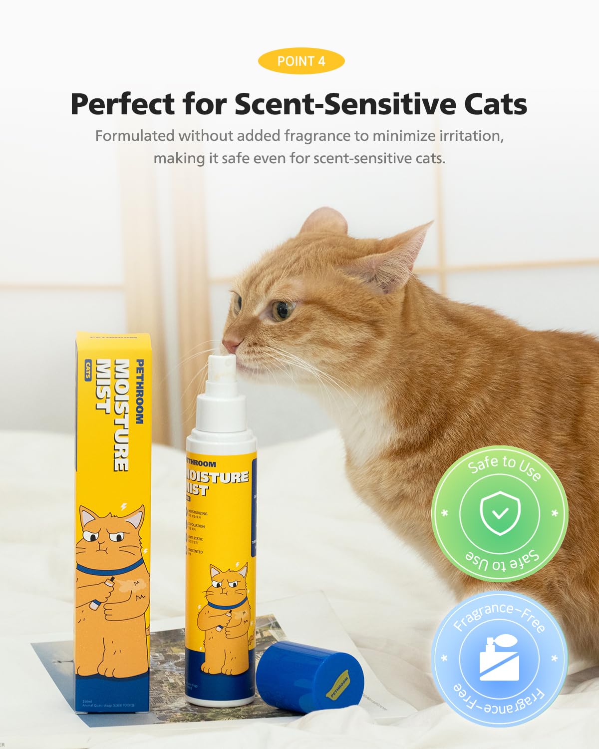 PETHROOM] Unscented Cat Moisture Mist – Natural Leave-In Conditioner Spray for Cats – 95% Plant Extracts– Hydrating, Detangling, Static & Dander Control, 100% EWG Green