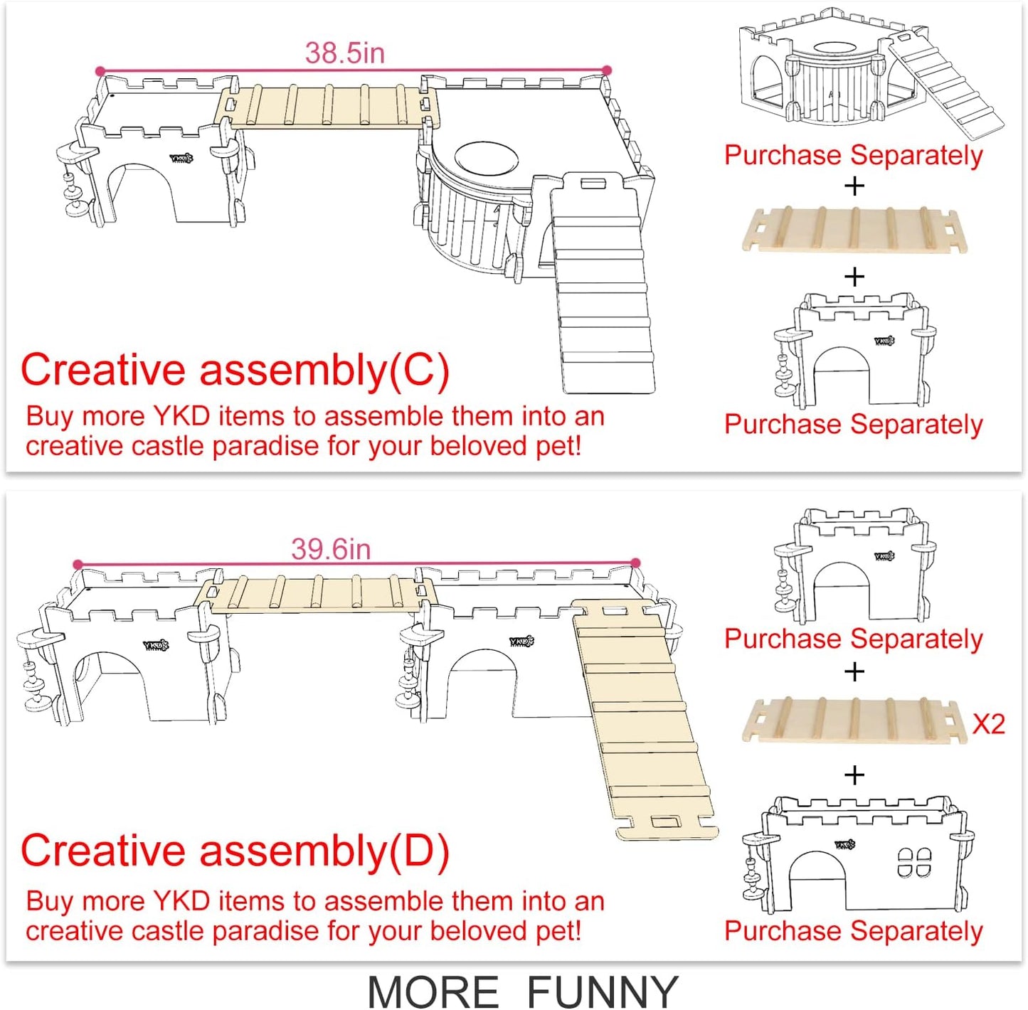 YKD 3-in-1 Guinea Pig and Chinchilla Castle Series: Wooden Large, Medium and Top Bridge Bundle Suit