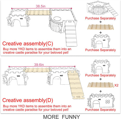 YKD 3-in-1 Guinea Pig and Chinchilla Castle Series: Wooden Large, Medium and Top Bridge Bundle Suit