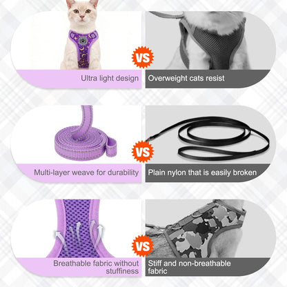 BEAUTYZOO Cat Harness, Escape Proof Cat Leash and Harness Set for Walking, Soft Breathable Vest Harness with Neck Adjustable, Reflective Easy-Control Kitten Harness for Cats (Star Design),Purple S