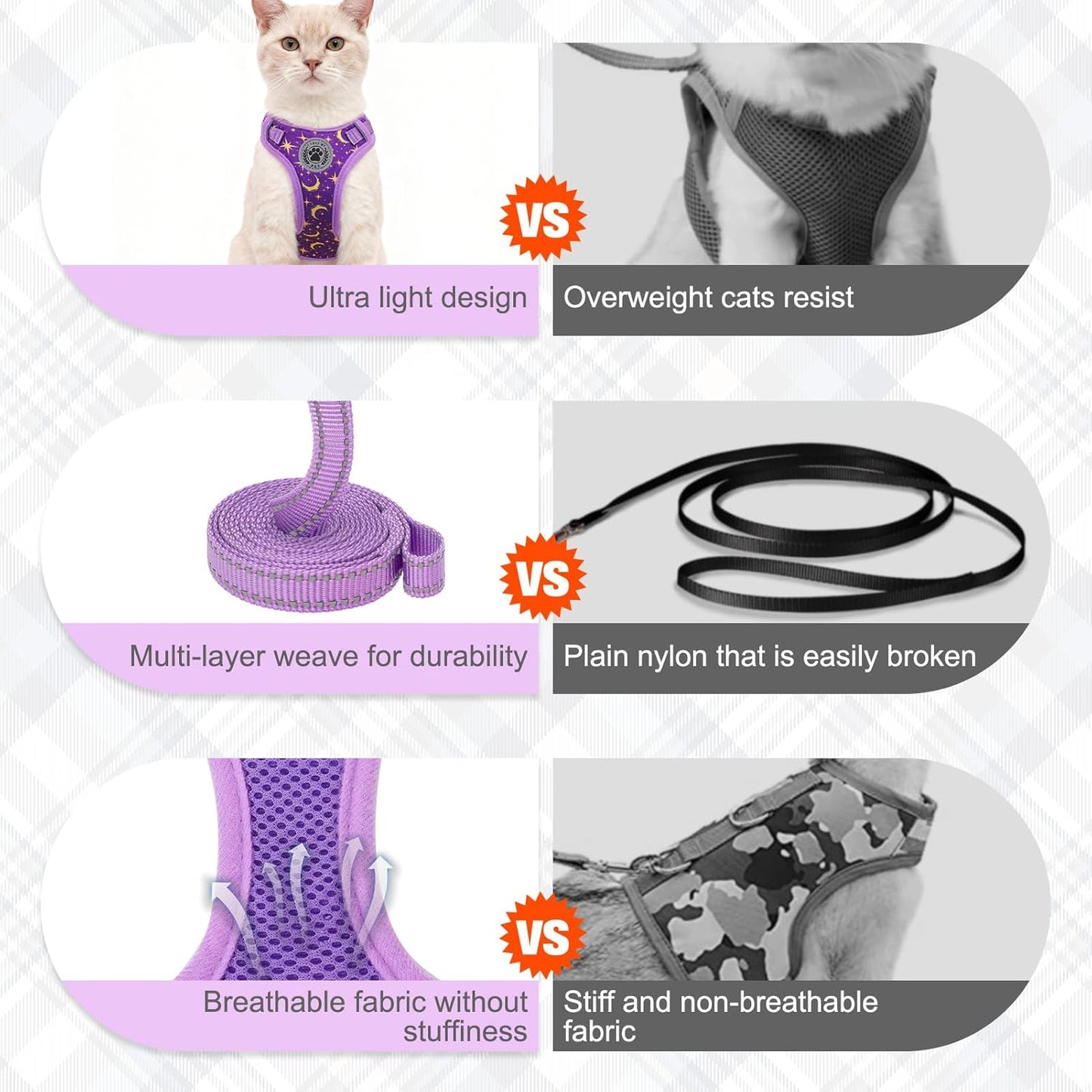 BEAUTYZOO Cat Harness, Escape Proof Cat Leash and Harness Set for Walking, Soft Breathable Vest Harness with Neck Adjustable, Reflective Easy-Control Kitten Harness for Cats (Star Design),Purple S