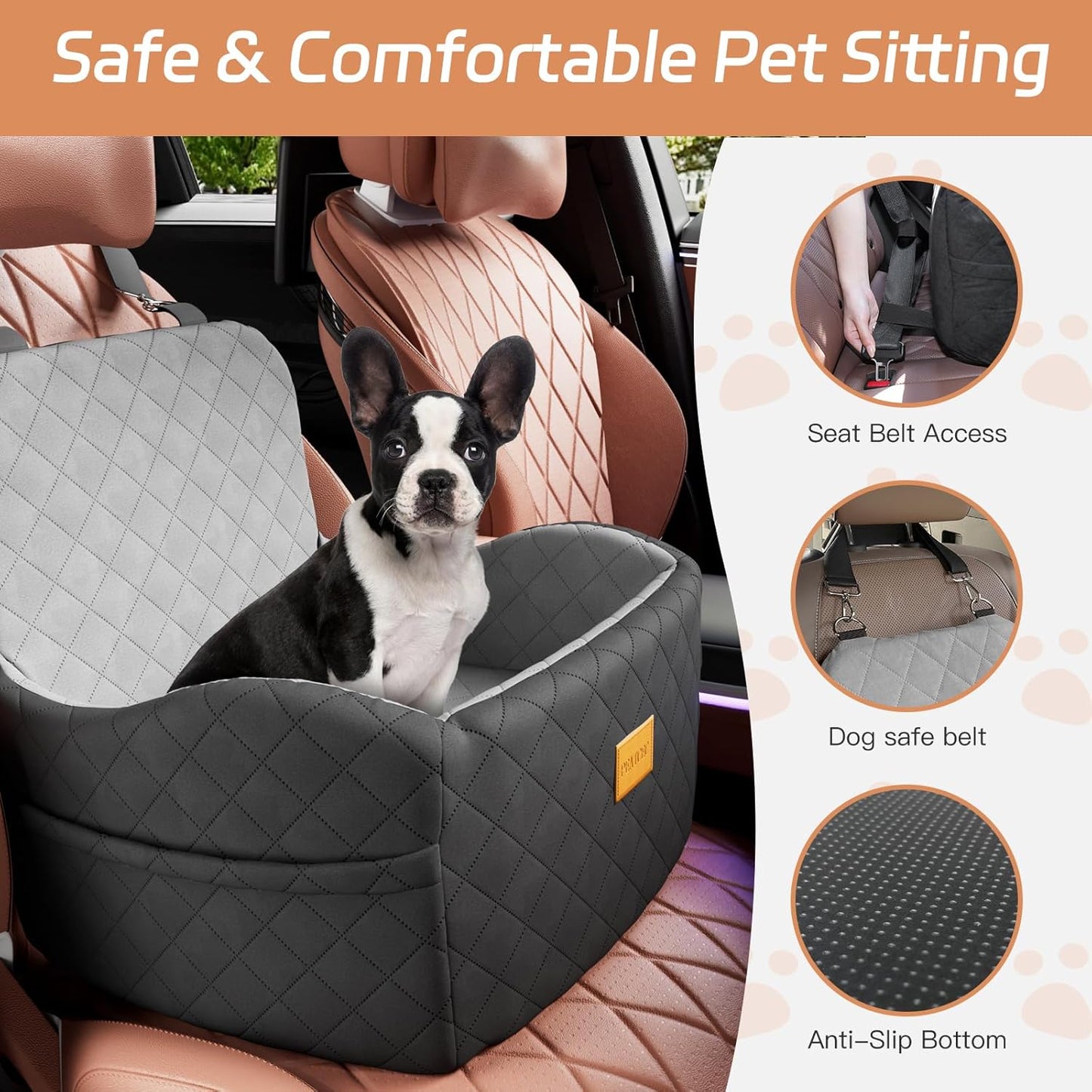 Dog Car Seat for Small/Medium Dogs Under 35lbs, Detachable & Washable Elevated Pet Travel Bed, 2 Storage Pockets & Safety Belt, Anti-Slip Base, Dog Booster Car Seat with Seamless Bottom Design