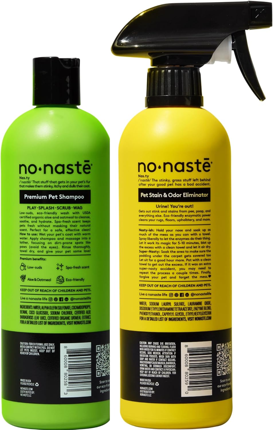 Nonaste Premium Dog Shampoo and Pet Stain & Odor Eliminator Spray (16 Oz, Pack of 2) – USDA Certified Organic Aloe & Oatmeal Dog Shampoo, and Enzyme Cleaner Stain Remover | Dog Wash, Light Fresh Scent