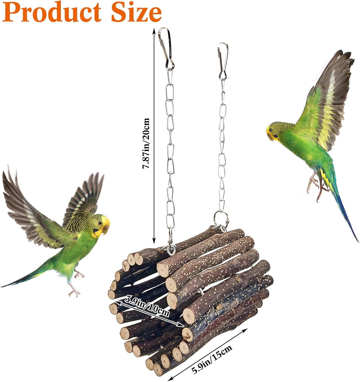 BNOSDM Wooden Bird Tunnel Parrot Swing Toys Natural Hanging Nest and 2 Pack Bird Perch Platform Stainless Steel Parrot Perches for Parakeets, Budgies, Conures, Cockatiels, Lovebirds