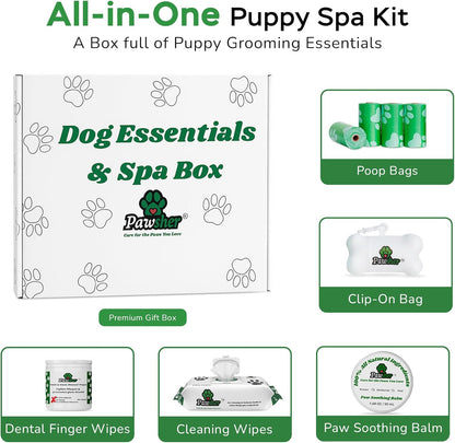 Dog Essentials Starter Kit - Dog Lovers Gift Box with Pet Wipes, Paw Balm, Dental Teeth Cleaning Wipes and Poop Bags Set - Complete Dog Care for Travel & Camping