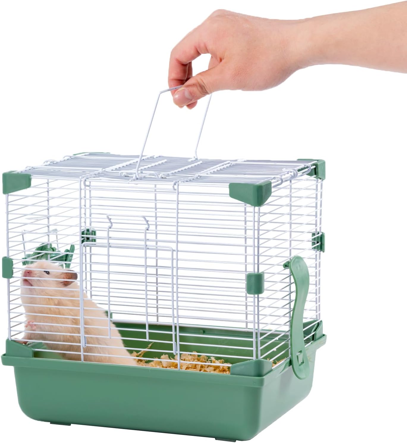 11" Travel Hamster Carrier, Small Animal Cage, Portable Outing Carrier, Temporary Cage, Short Trip, Picnic, with Food Bowl, Water Bottle, Dwarf Syrian Hamster, Gerbil, Green