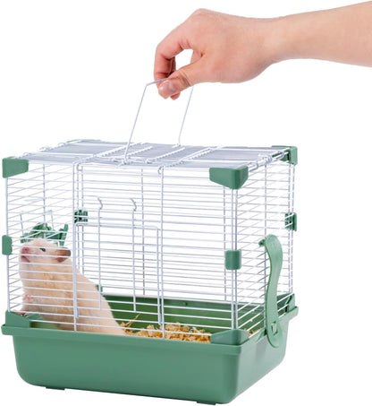 11" Travel Hamster Carrier, Small Animal Cage, Portable Outing Carrier, Temporary Cage, Short Trip, Picnic, with Food Bowl, Water Bottle, Dwarf Syrian Hamster, Gerbil, Green