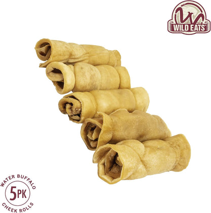 Wild Eats Water Buffalo Retriever Style Cheek Roll Dog Chews-5 Pack (Long Lasting Chews, Treats, Bones for Aggressive Chewers & Large Dogs) Great Substitute Pig Ears Dogs