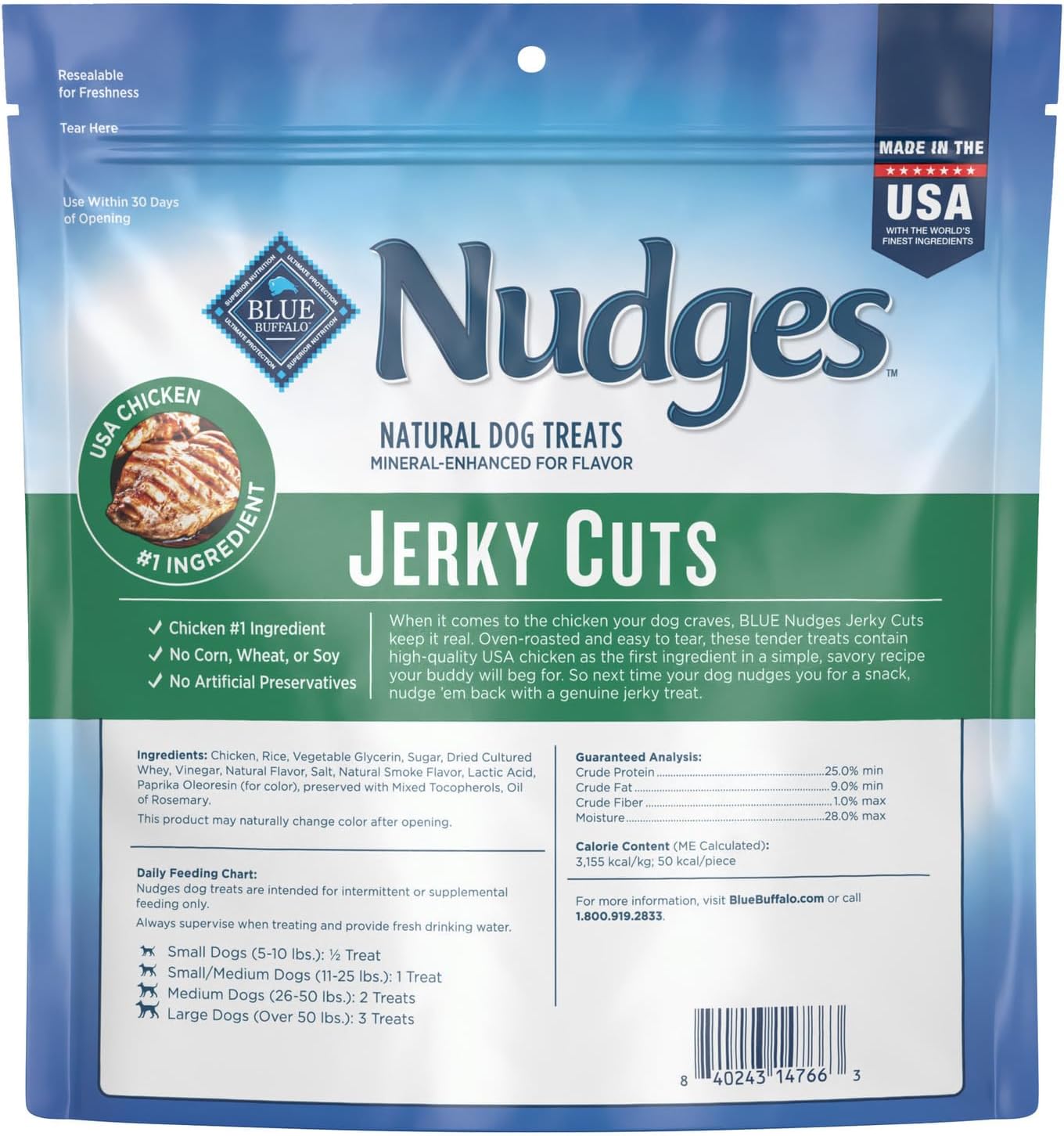 Blue Buffalo Nudges Jerky Bites Dog Treats, Made in the USA with Natural Ingredients, Bite-Sized Pieces, Chicken, 16-oz Bag