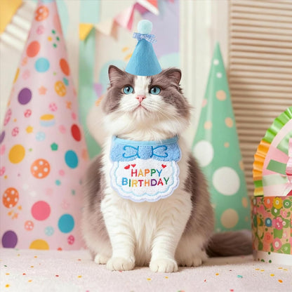 Cat Kitten Birthday Bandana Hat, 1Set Numbers Pet Birthday Decorations Outfits, Cute Cats Kittens Apparel Birthday Outfits, Blue Hat with Numbers Cat Bandana Pet Decorations