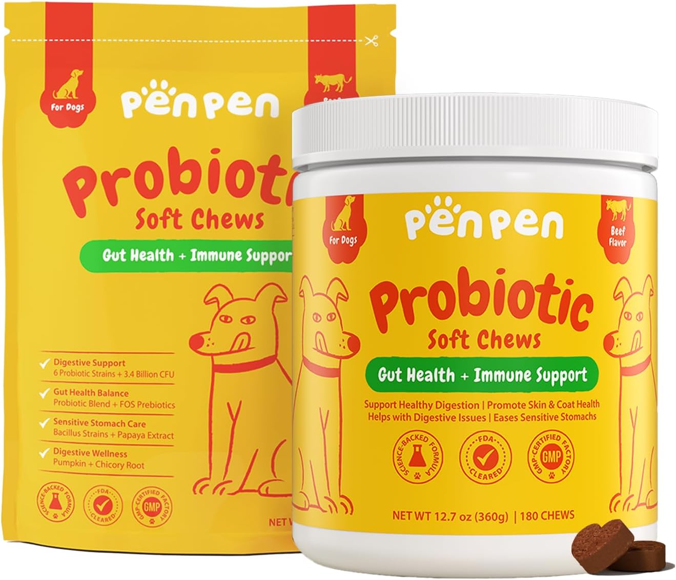 PENPEN Probiotics for Dogs, Dogs Probiotics for Digestive Health (Beef Chews, 50ct and 180ct)