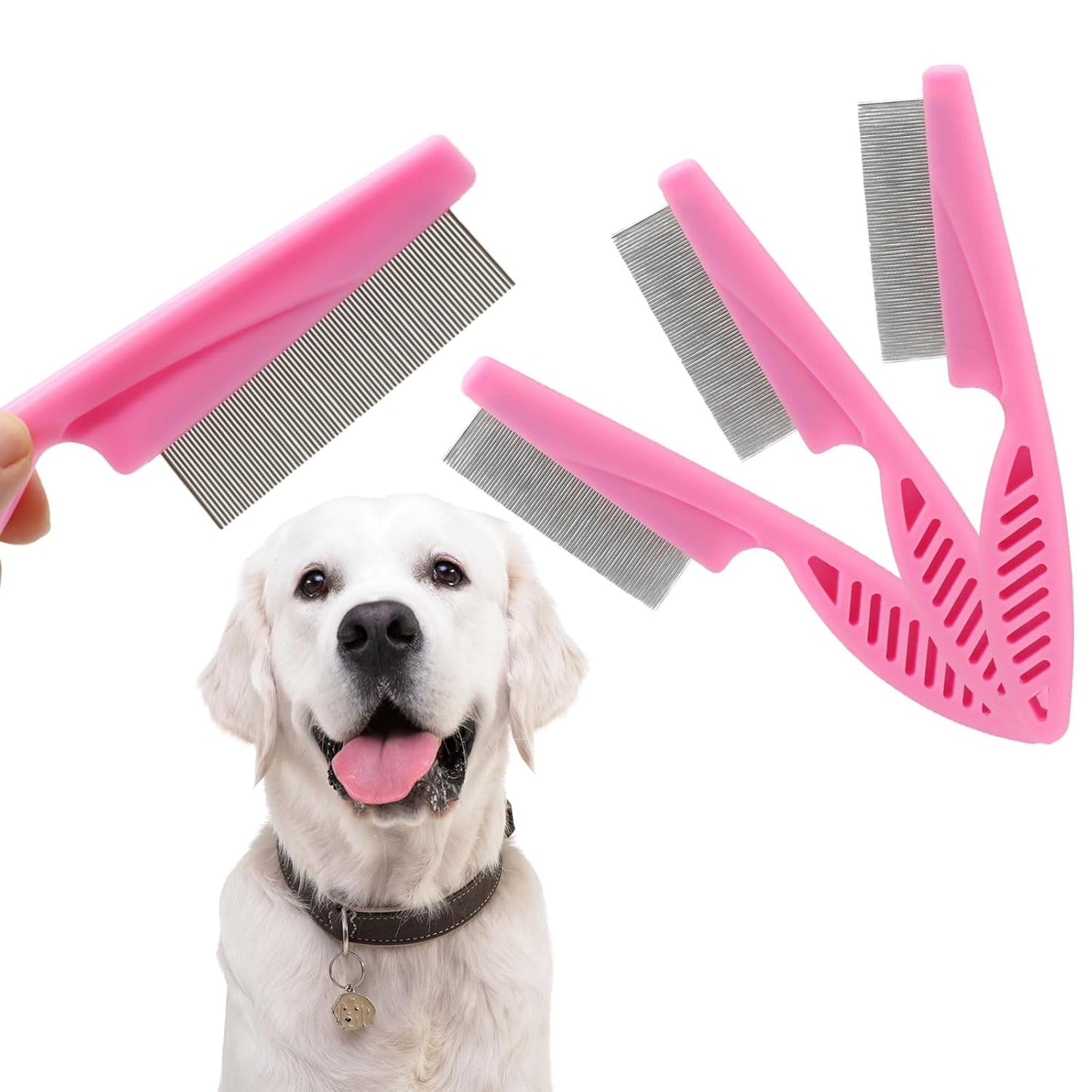 Murtenze 3 Pack Flea Comb, Lice Brushers Fine Tooth Grooming Tool for Dogs and Cats Removing Tear Stains, Fleas (Pink)