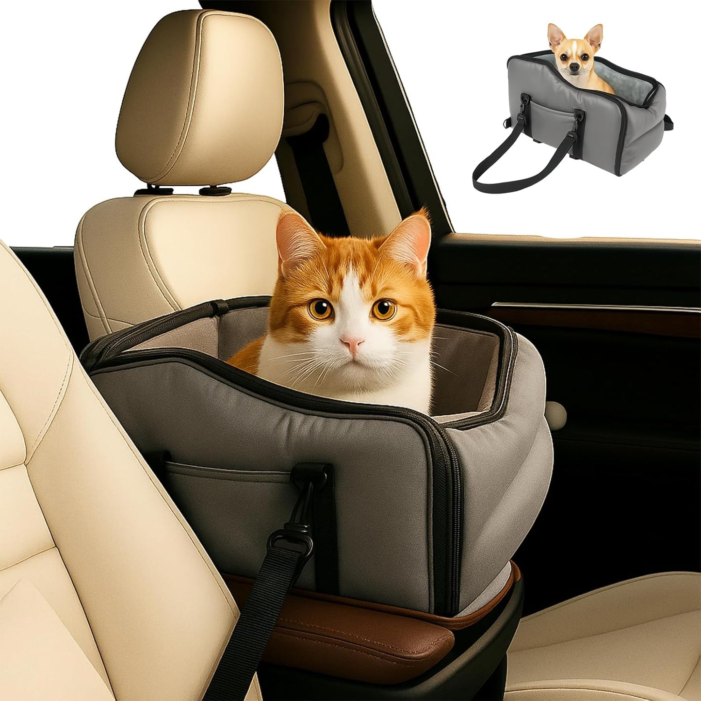 Cat Car Seat Center Console with Harness for Pets Under 10 Lbs, Cat Carrier for Car Armrest, Middle Console Dog Bed Small Dogs, Travel & Portable & Safe, Kitten Puppy Small Pet, 0-10 Lbs