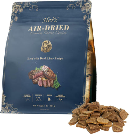 Herz Air-Dried Dog Food Beef & Duck Liver Recipe 1 lb, All-Natural, High-Protein, Grain-Free, Limited Ingredients, Complete & Balanced, Premium Canine Cuisine