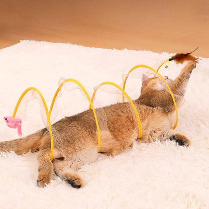 Andiker Cat Tunnel Toy, 10inch Collapsible Metal Cat Spring Toy with Nylon Mesh, Feather, Mouse, and Bell, Interactive Cat Toys for Indoor Cats to Scratch, Puzzle, Relax and Kill Time (Mouse)