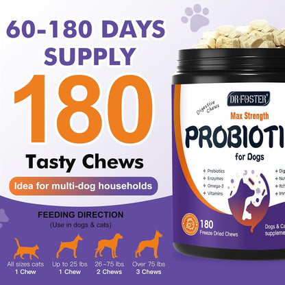 DRFOSTER Probiotics for Dogs, Freeze-Dried Dog Probiotics and Digestive Enzymes, Plus Omega-3 for Itchy Skin, Prebiotics for Digestive Health, Dog Vitamins and Supplements for Immune Health, 180 Bites