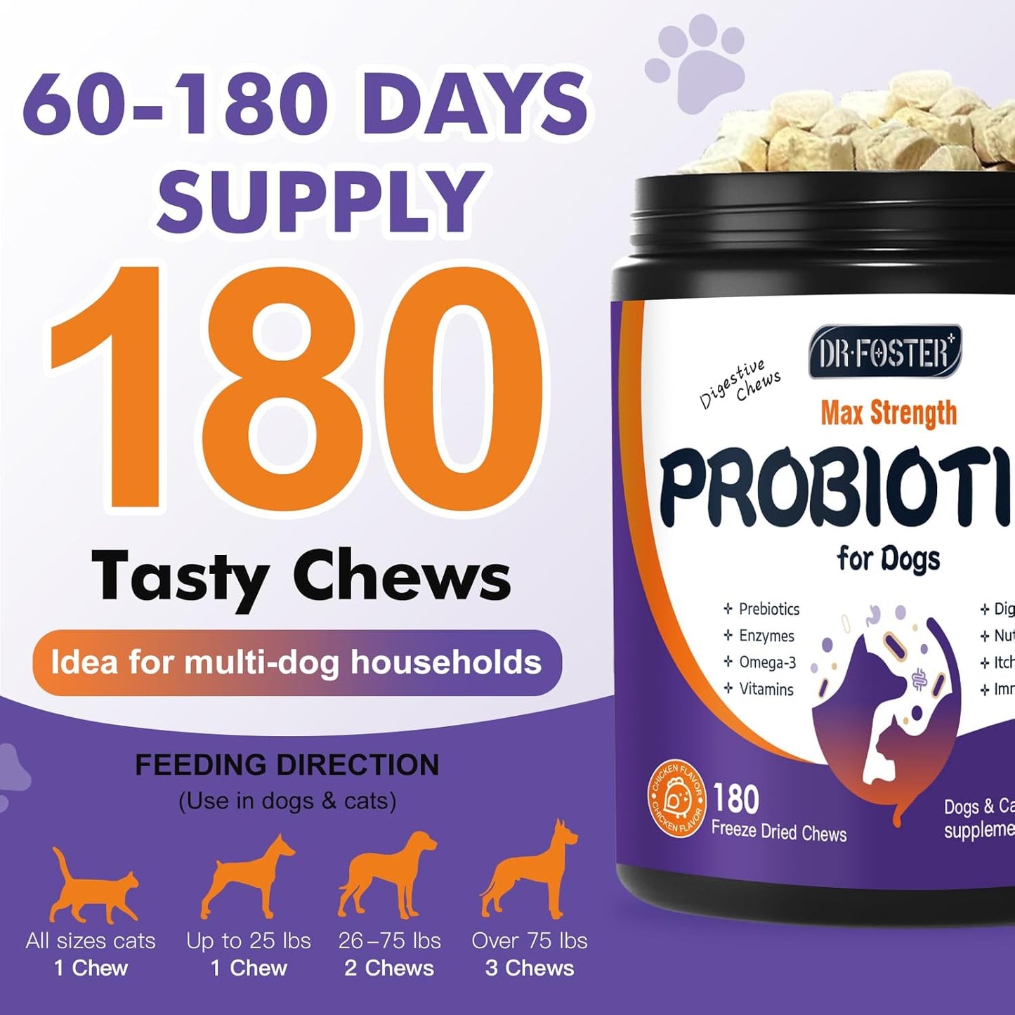DRFOSTER Probiotics for Dogs, Freeze-Dried Dog Probiotics and Digestive Enzymes, Plus Omega-3 for Itchy Skin, Prebiotics for Digestive Health, Dog Vitamins and Supplements for Immune Health, 180 Bites