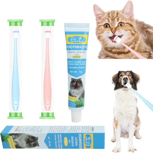 Pet Cat Dog Toothbrush and Toothpaste Brushing Kit,Vanilla Flavor Toothpaste & 2 pcs 360 Toothbrush Teeth Cleaning & Fresh Breath Dental Care Best for Bad Breath by Removing Plaque