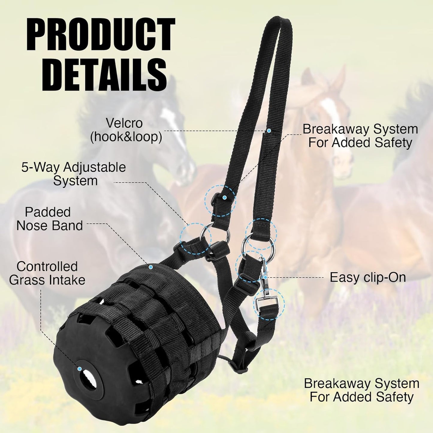 Durable Ventilated Grazing Muzzle with Attached Breakaway Halter - Lightweight Horse Muzzle, Supports Natural Grazing, Restricts Food Intake, Padded Noseband, Large
