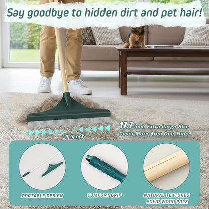 Lasnten 18'' Carpet Rake and Groomer with 54 Inch Wooden Handle, Large Carpet Brush for Fluff Matted, Remove Leaves, Shrubs, Pet Hairs, Debris from Turf
