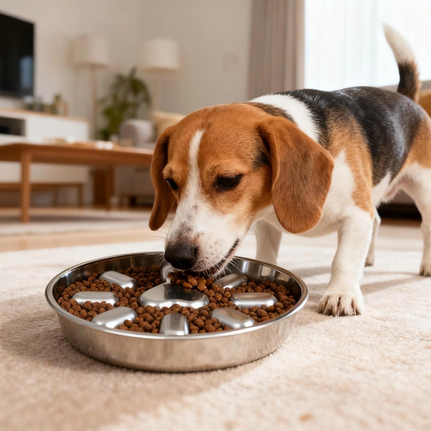 Stainless Steel Slow Feed Dog Bowl, Anti-Choke Pet Feeder with 9 Protrusions for Puppies & Dogs, Circular Design, Reduces Mess, Non-Skid Base
